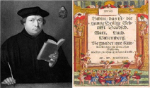 개신교 찬송의 시조 마르틴 루터(왼쪽)와 그가 1534년 독일어로 번역한 성경 표지.
