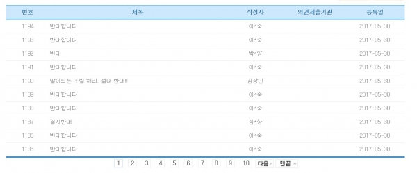 ▲군형법 일부개정법률안이 입법예고되자 해당 사이트 게시판에 달린 반대의견들 ⓒ국회 입법예고 사이트 캡쳐
