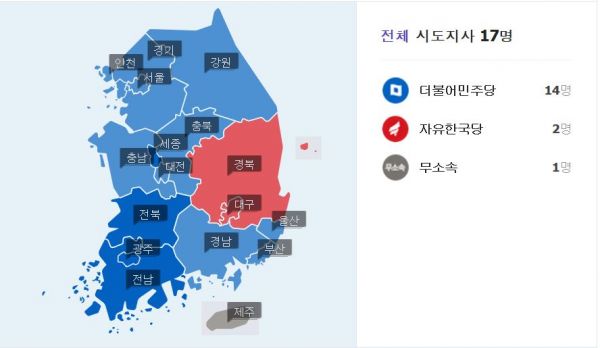 6.13 지방선거 전국 시도지사 17명에 대한 개표 결과를 보여주는 네이버 그래픽 ⓒ네이버 그래픽 캡쳐
