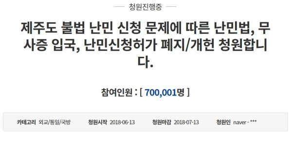 ▲제주도 예멘 난민 사태와 관련한 청와대 국민청원이 70만 명 이상의 동의를 이끌어냈다. ⓒ청와대 국민청원 게시판 캡쳐