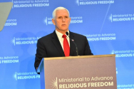 ▲펜스 부통령이 미 국무부 개최 &#039;종교자유 증진을 위한 장관급 회의&#039;에서 기조연설을 하고 있다. ⓒ美 국무부 홈페이지 캡처