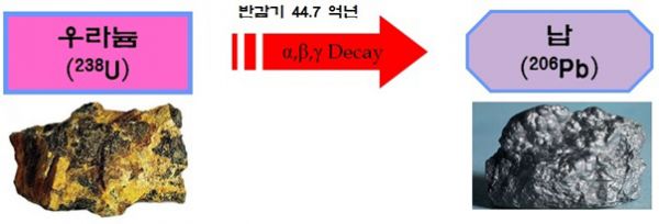 우라늄은 44.7억 년의 반감기로 여러 단계의 방사성붕괴를 거쳐 납으로 변환된다.