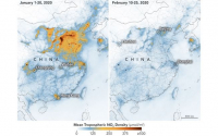 중국의 내륙과 동부 지역의 대기오염이 줄어든 것을 보여주는 위성사진. ⓒ나사 제공