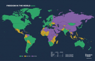 2020 세계자유지수를 색으로 표시한 지도. 녹색은 자유국가, 노란색은 부분적 자유국가, 보라색은 자유가 제한된 국가다. ⓒ프리덤하우스 제공