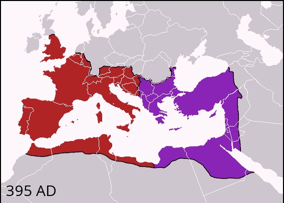서로마 제국(빨간색)과 동로마 제국(파란색):위키피디아