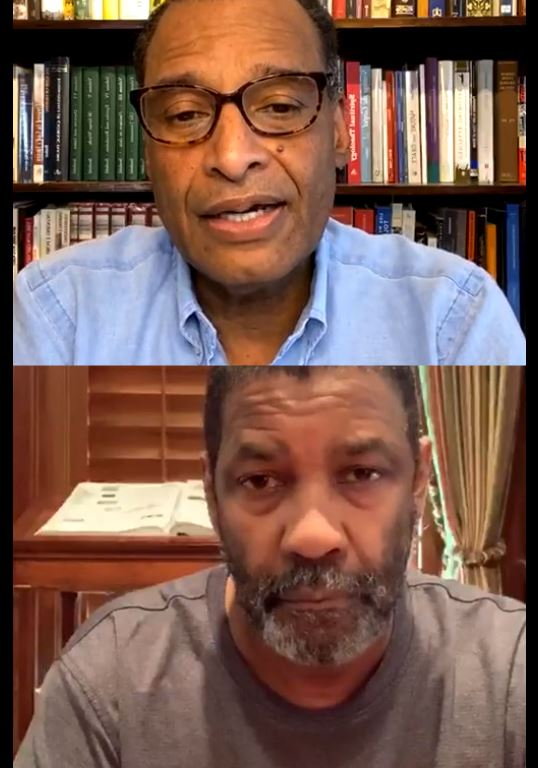 배우 덴젤 워싱턴(아래)이 영적 멘토 버나드 목사와 인터뷰하고 있다.