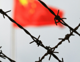 철조망 뒤 중국 오성기 위구르강제수용소