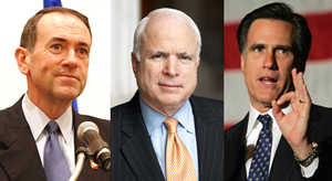 왼쪽부터 마이크 허커비 전 주지사, 존 맥케인 상원의원, 미트 롬니 전 주지사 