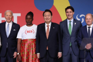 지난 9월 21일 미국이 주최한 글로벌 펀드 제7차 재정공약 회의에 참석한 윤석열 대통령(가운데)와 바이든 미국 대통령(맨 왼쪽). ⓒ대통령실