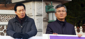 매주 목요일 아침 국회 앞에서 진행되고 있는 차별금지법 반대 1인 시위에 참여했던 김은호 목사(왼쪽)와 이찬수 목사 ©기독일보 DB