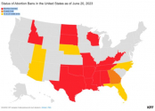 지도상에서 빨간색은 낙태 전면 금지, 주황색은 임신 6주 이후 낙태 금지, 노란색은 임신 12주에서 20주 이후의 낙태 금지를 시행 중인 주를 나타낸다. ⓒ카이저패밀리재단(KFF)