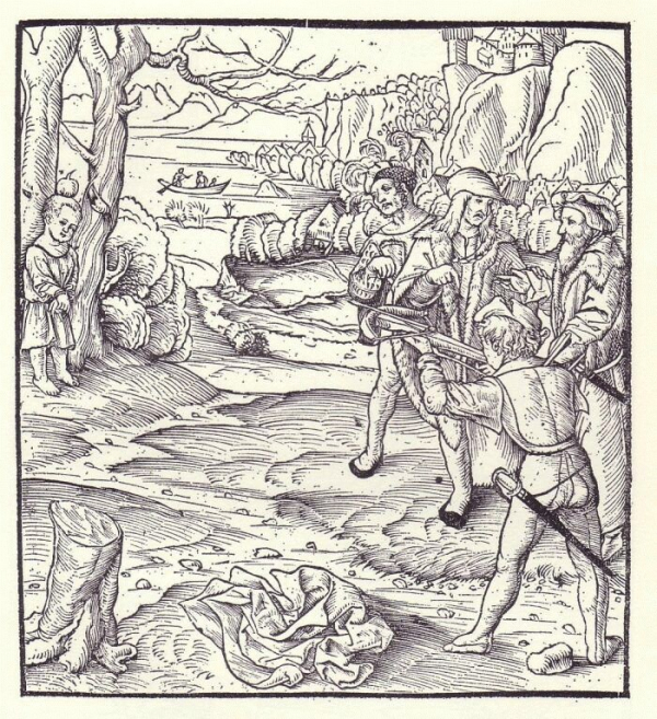 A depiction of the apple-shot scene in Sebastian Münster's Cosmographia (1554 edition).