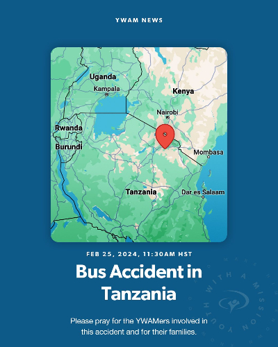 2024년 2월 24일 탄자니아 북부 아루샤의 응가람토니 교외에서 발생한 교통사고로 예수전도단(YWMA) 선교사 11명을 포함한 15명이 사망했다. 예수전도단은 페이스북을 통해 고인의 가족과 부상자 5명의 회복을 위해 기도를 요청했다. ©예수전도단 페이스북