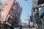 강진이 일어난 대만 현지 모습. 건물이 한쪽으로 기울어져 있다. ©현지 영상 캡처