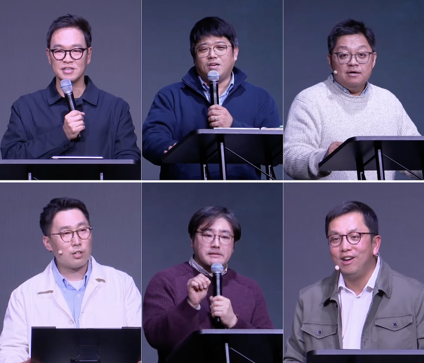 뉴저지온누리교회 신년부흥성회에서 강단에 나선 마크 최 목사를 비롯한 부교역자들. 시간방향 순서로 심형진 목사, 김진우 목사, 스티븐 박 목사, 마크 최 목사, 김성연 목사, 안성진 목사, 