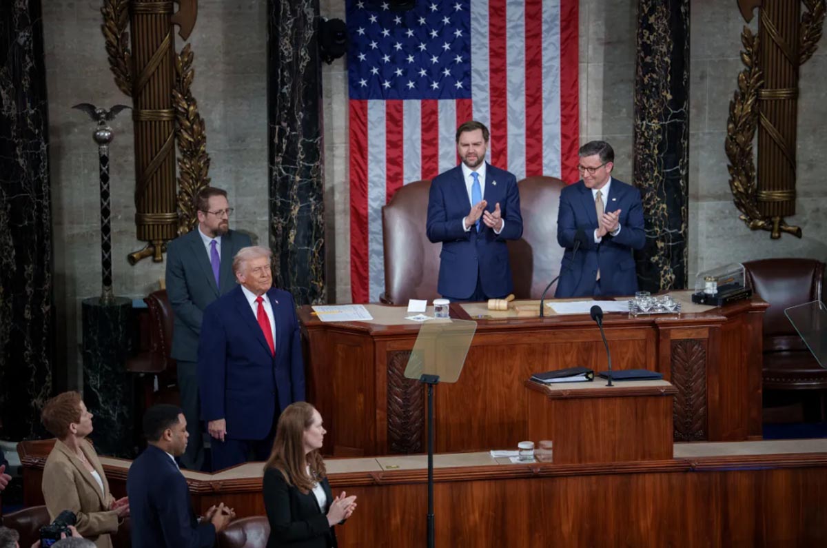 ▲도널드 트럼프 미국 대통령이 2월 24일 워싱턴 D.C. 국회의사당 하원 회의장에서 국정연설을 진행했다. ⓒ백악관