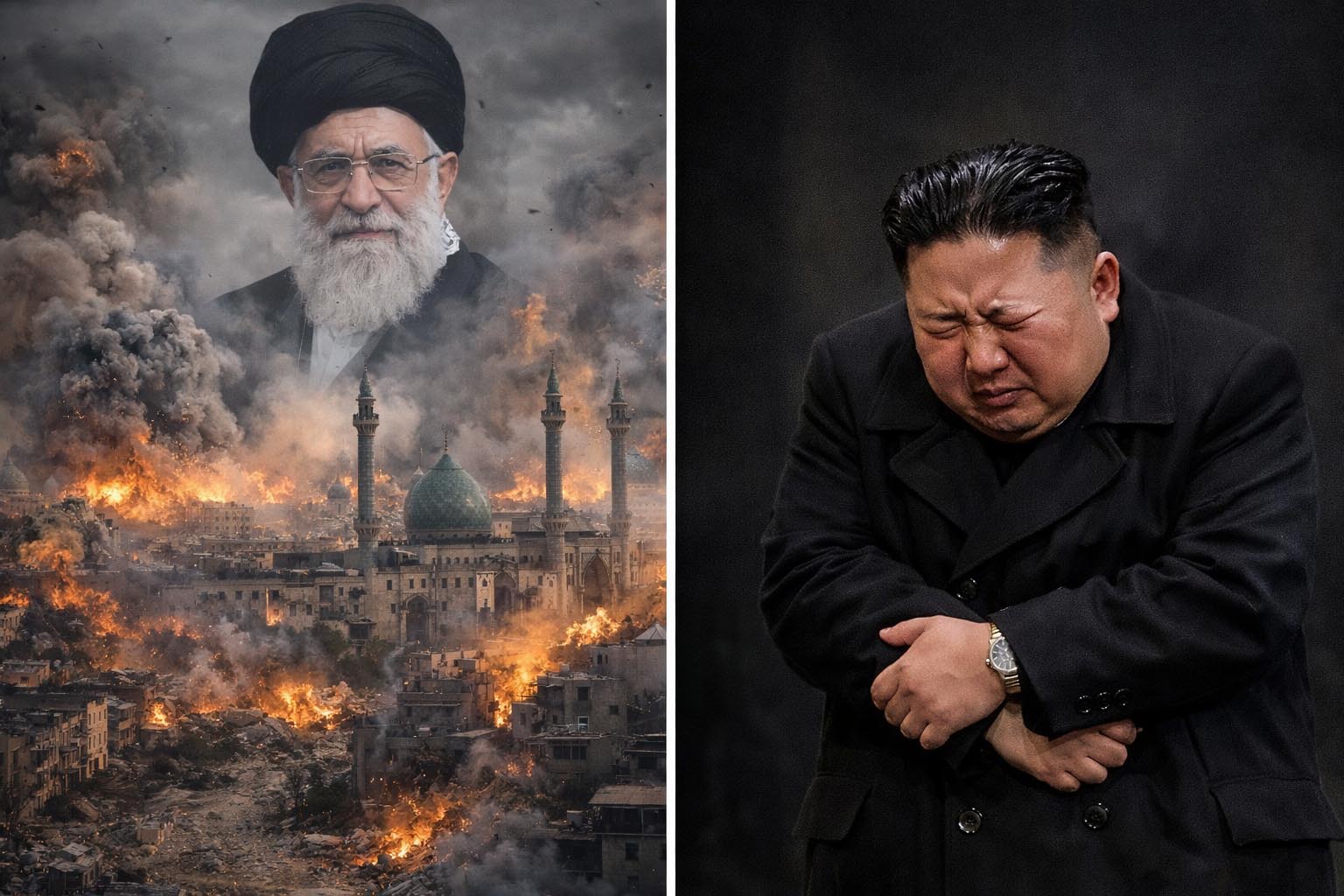 ▲(왼쪽부터) 하메네이 사망과 김정은이 떨고 있는 모습을 이미지화한 것. ⓒ챗GPT