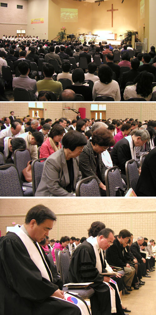 (위부터) 총회에 모인 300여명의 참석자들 / 하나님 나라를 위해 기도하는 참가자들 / 중보기도하는 목회자들