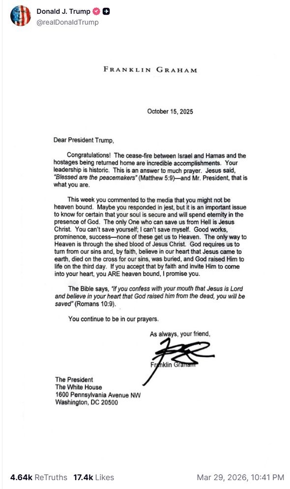 도널드 트럼프 미국 대통령이 친트럼프 성향 목사의 편지를 소셜미디어 트루스 소셜에 올렸다. @트럼프 대통령 트루스 소셜