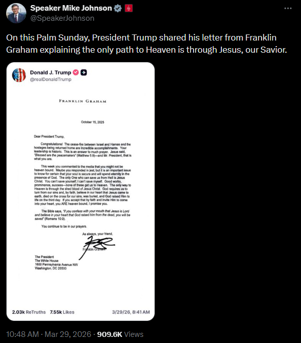 트럼프, 프랭클린 그레이엄 서한 공개…“구원은 업적 아닌 믿음의 문제”