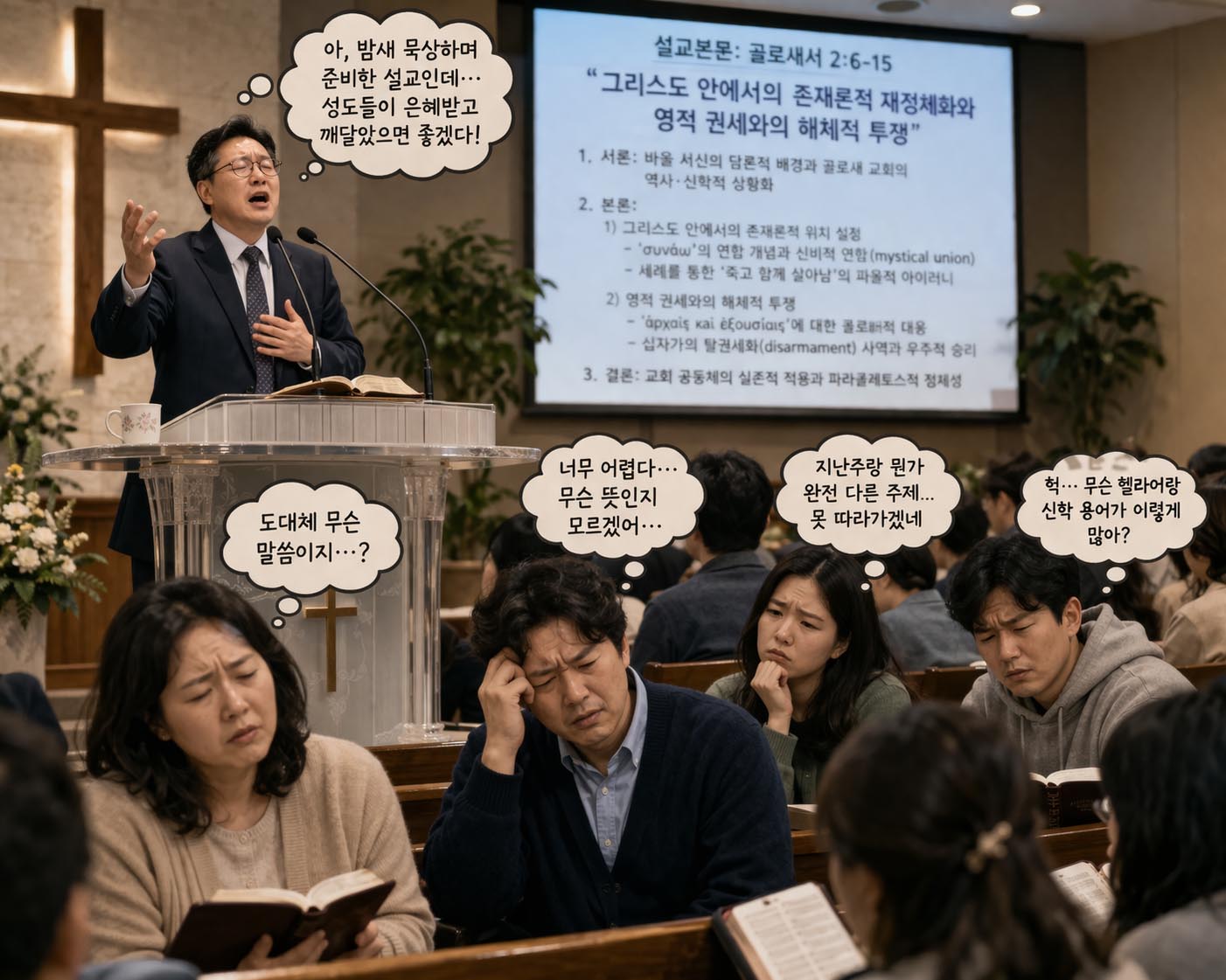 ▲성도들이 목회자의 설교가 너무 어려워서 못 알아듣는 이미지 상상도. ⓒ챗GPT