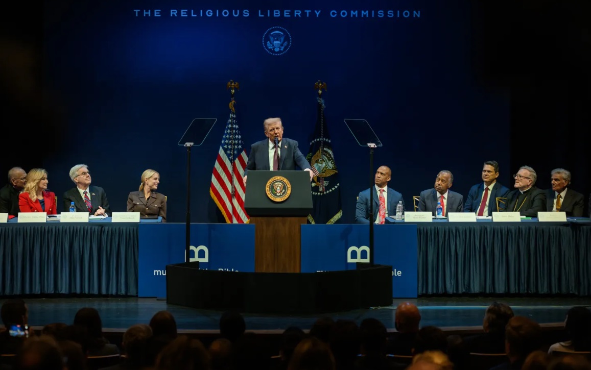 ▲도널드 트럼프 미국 대통령이 워싱턴 D.C. 성경박물관에서 열린 종교자유위원회에서 발언하고 있다. ⓒ백악관