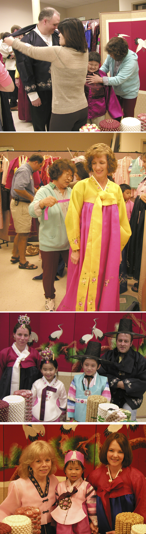 (위부터) 한복입기를 도와주는 성도들 / 한복입고 가족사진 찍기