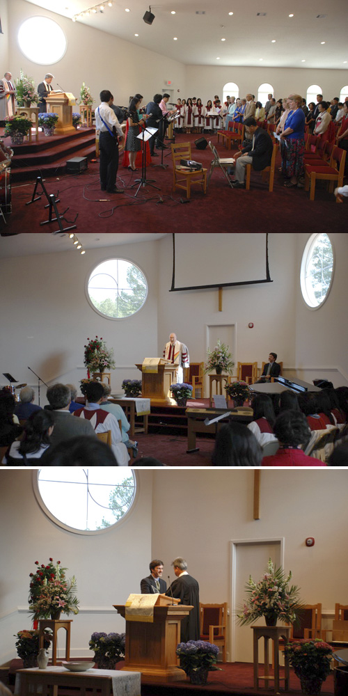 (위부터) 새성전 헌당예배 모습 / 켄 믹스 목사(Rev. Ken Meeks)의 설교 /  마크 하퍼 목사(Rev. Mark Harper)에게 감사패 증정.