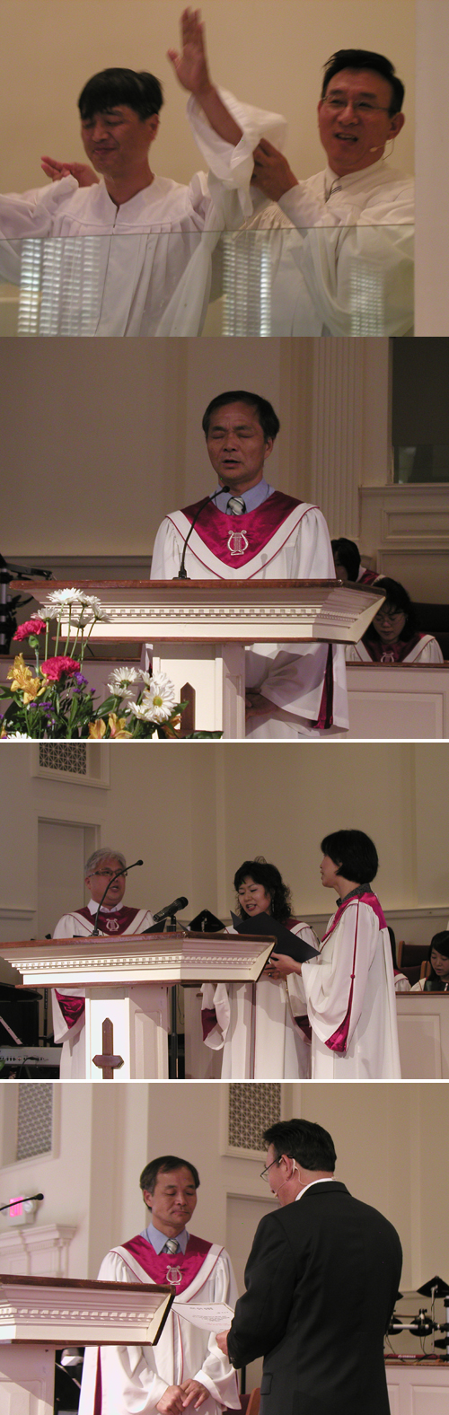 (위부터) 침례받은 김희창 형제 / 기도에 한동열 집사 / 봉헌 특송하는 성가대 / 집사임직을 받은 한동열 집사