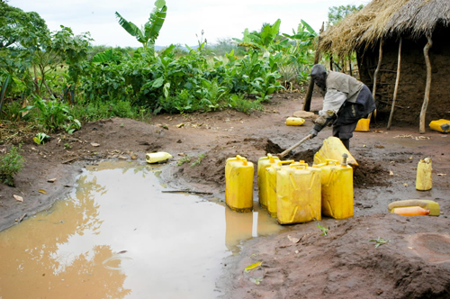 심각한 물 부족 현상을 겪고 있는 아프리카, 한 노인이 노천에서 물을 기르고 있다