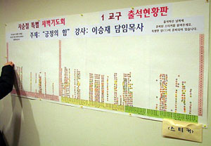 각 교구별로 출석체크를 하며 특새 참석을 격려하고 있다. ⓒ은혜교회