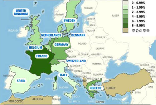 유럽에서 이슬람 분포도 