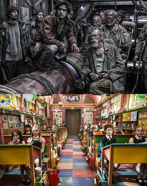 <설국열차> 속 ‘꼬리칸(위)’과 ‘앞칸(아래)’ 승객들은 한눈에 봐도 신분 또는 계급, 빈부 차이가 확연해 보인다.