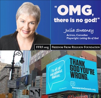 종교로부터의자유재단(FFRF)의 무신론 광고(위)와 창조론 단체 앤서즈인제너시스(Answers In Genesis)의 광고. ⓒFFRF/Answers In Genesis.