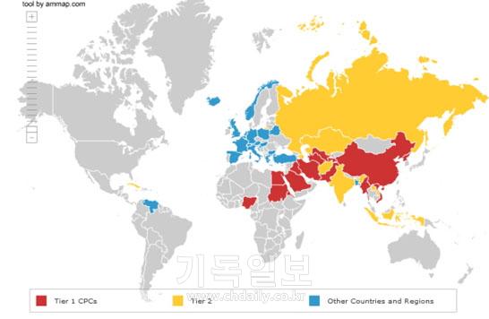 미국 국무부 국제종교자유위원회는 지난 4월 '연례국제종교자유보고서'(2012.1~2013.1)에서 이라크를 종교자유침해가 가장 심각한 '특별관심국가'(빨간색 지역)로 선정했다.  ©국제종교자유위원회