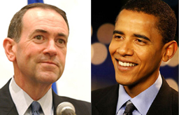 마이크 허커비 전 주지사(왼쪽)와 버락 오바마 대통령(우).