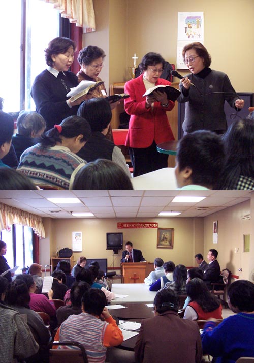 선교회 찬양팀(위)과 예배를 인도중인 백만기 목사(아래)