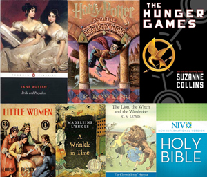 ▲미국인들이 가장 사랑한 책으로 선정된 도서들. (윗줄 왼쪽부터 시계방향으로) ‘오만과 편견’, ‘해리포터’, ‘헝거게임’, ‘리틀 우먼’, ‘어윙클인타임’, ‘사자와 마녀와 옷장(나니아 연대기)’, ‘NIV 성경’ ⓒPenguin; Scholastic; Macmillan; HarperCollins; Zondervan