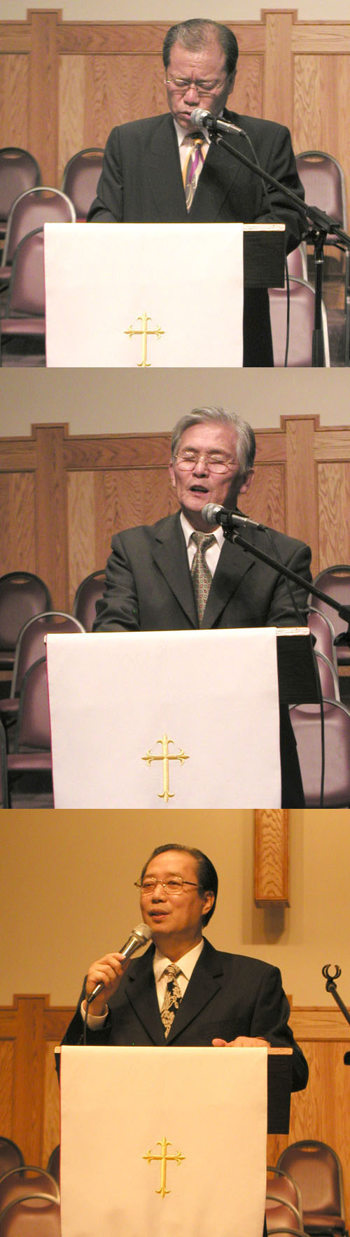 (위부터) 사회를 맡은 윤도기 목사, 기도하는 강지현 목사, 설교하는 윤경구 목사