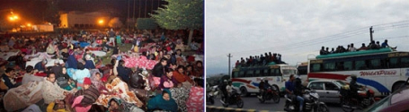 옥외 대피 주민(왼쪽)과 카트만두 탈출 피난민 행렬(오른쪽). ©KCMS