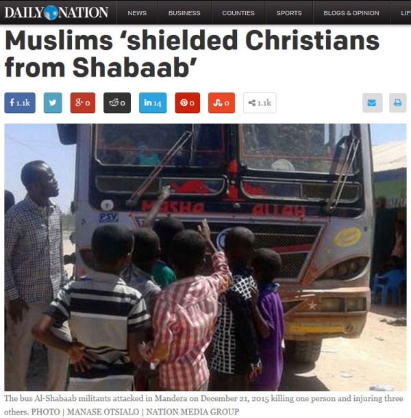 데일리 네이션이 지난달 21일(현지시간) 알샤바브로 추정되는 이슬람 테러단체에 납치된 버스 승객 중 이슬람교인들이 테러범들의 종교 분리 요청을 거부해 인명피해를 최소화했다고 보도했다. ©데일리 네이션 홈페이지 캡쳐