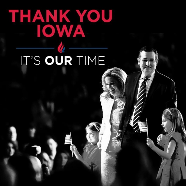 ▲미국 공화당 대선 경선 후보 테드 크루즈가 아이오와 코커스에서 승리한 후 페이스북에 감사의 뜻을 전했다. ©테드 크루즈 페이스북.