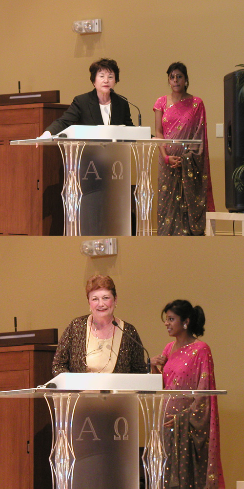 행사를 소개하는 지수예 총무(위), 축하의 말을 전하는 셜리 래세터 둘루스 시장(아래)